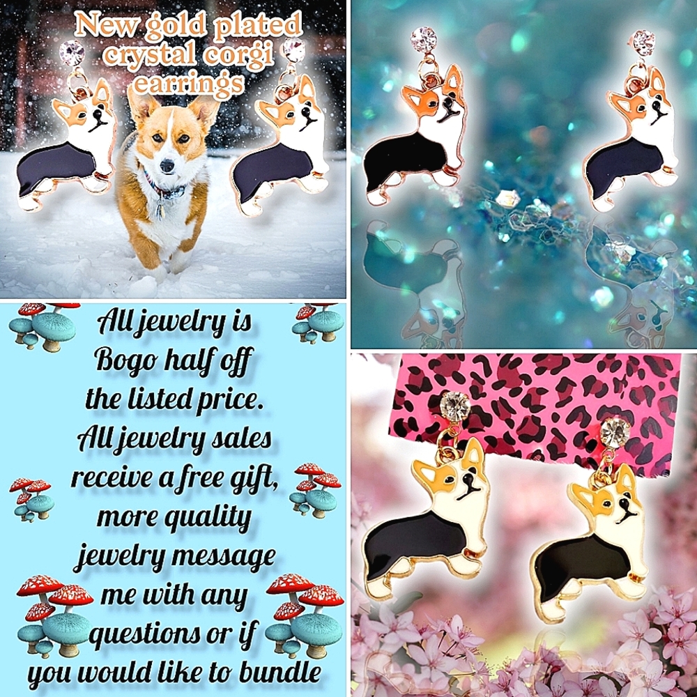 New gold plated crystal corgi earrings